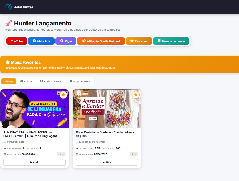 Seção de Favoritos da Hunter Lançamento, separada por vídeos, canais, anúncios e páginas Meta