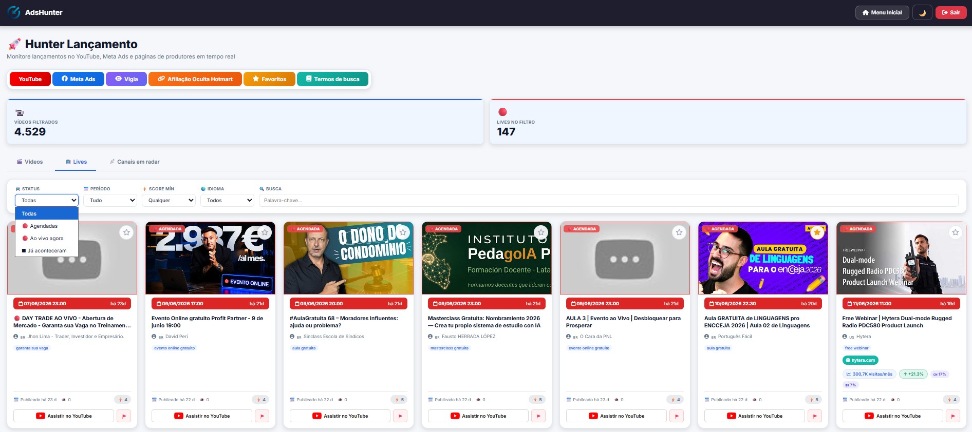 Lives agendadas e vídeos de possíveis lançamentos na seção YouTube da Hunter Lançamento
